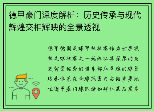 德甲豪门深度解析：历史传承与现代辉煌交相辉映的全景透视