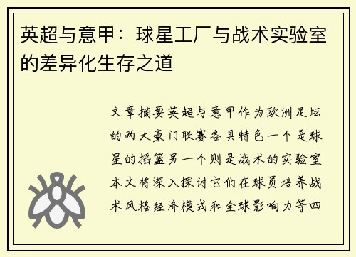 英超与意甲：球星工厂与战术实验室的差异化生存之道