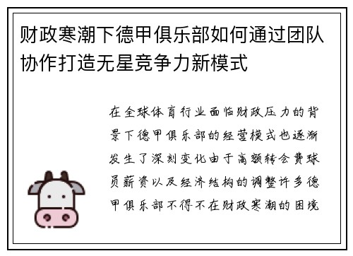 财政寒潮下德甲俱乐部如何通过团队协作打造无星竞争力新模式